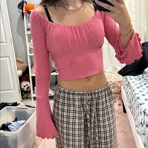 Altard State Pink Ribbed Top with Flared Sleeves